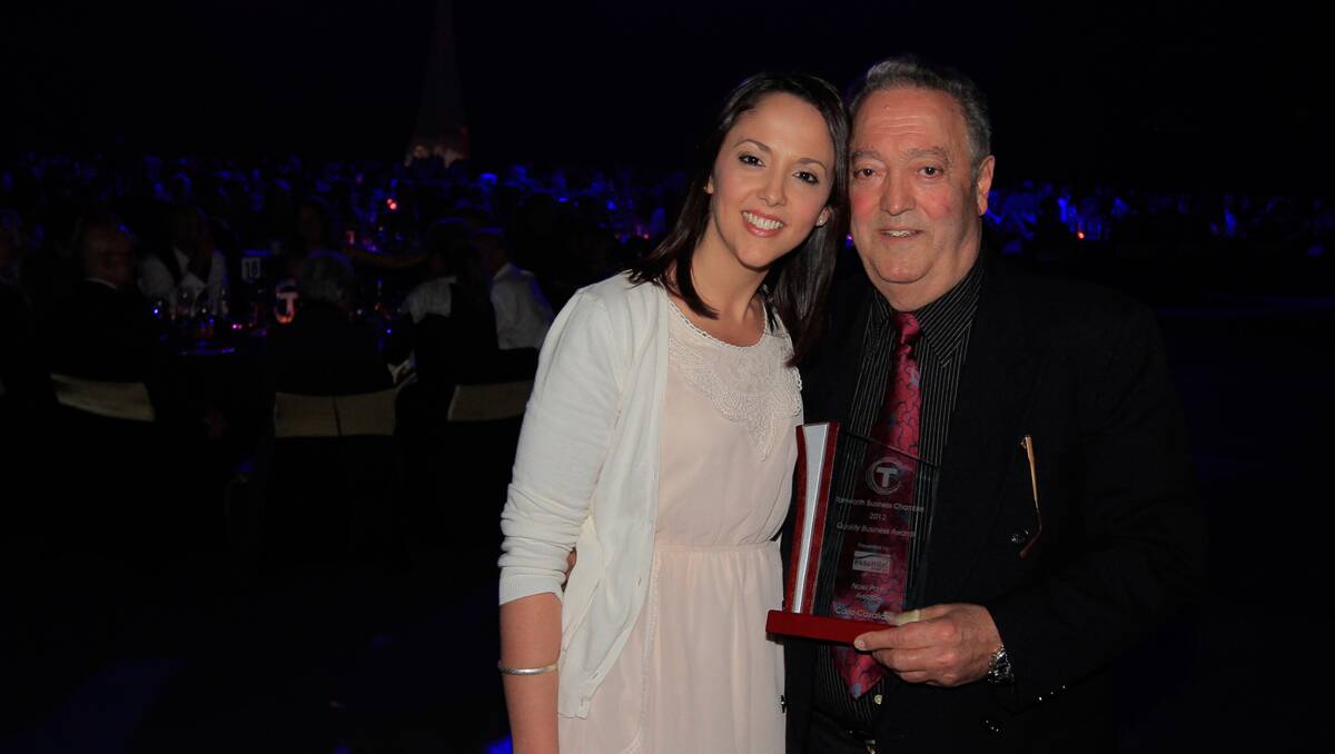 Winner of the Noel Park Award, Carlo Cavallaro and his daughter Martinique pictured at the Quality Business Awards held at TRECC on Friday night. Photo: Robert Chappel