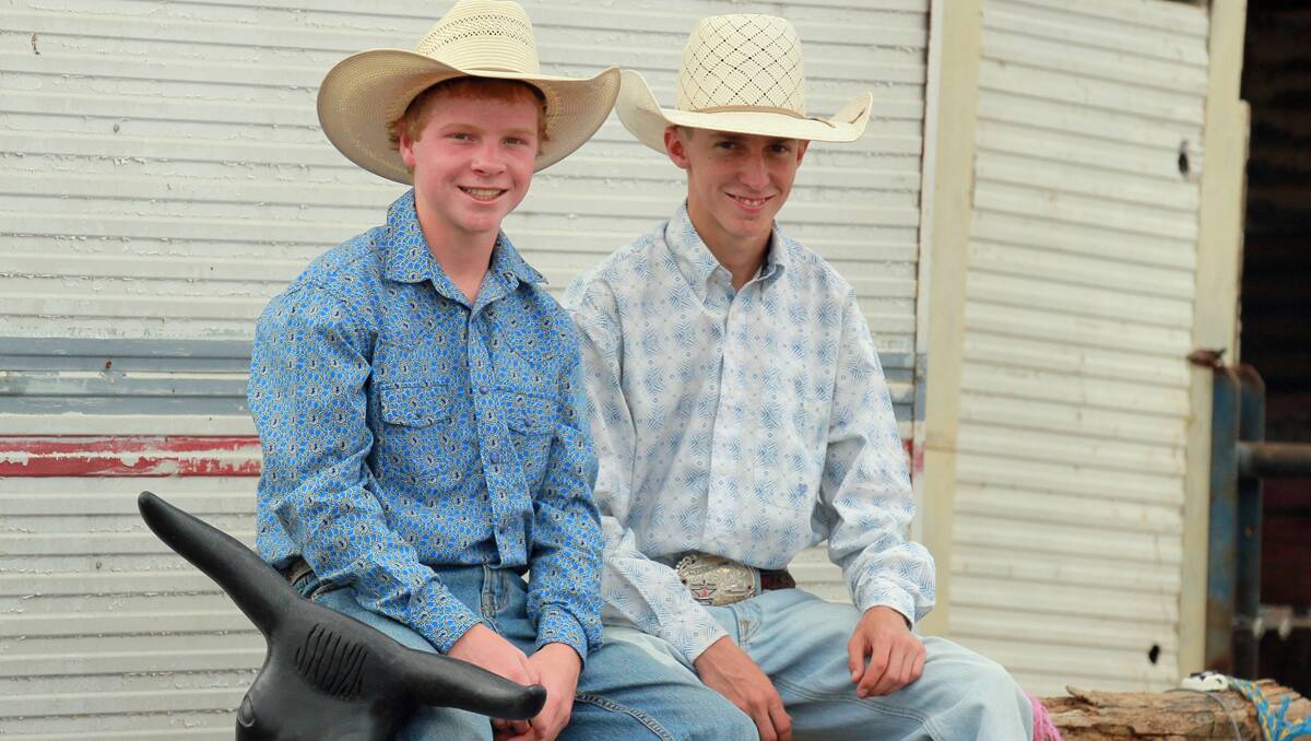 Nick Penrose (left) and Bradie Gray strike a serene pose before jumping into the rugged rodeoing action of the ABCRA’s Junior NFR today. Photo: Robert Chappel 170113G003
