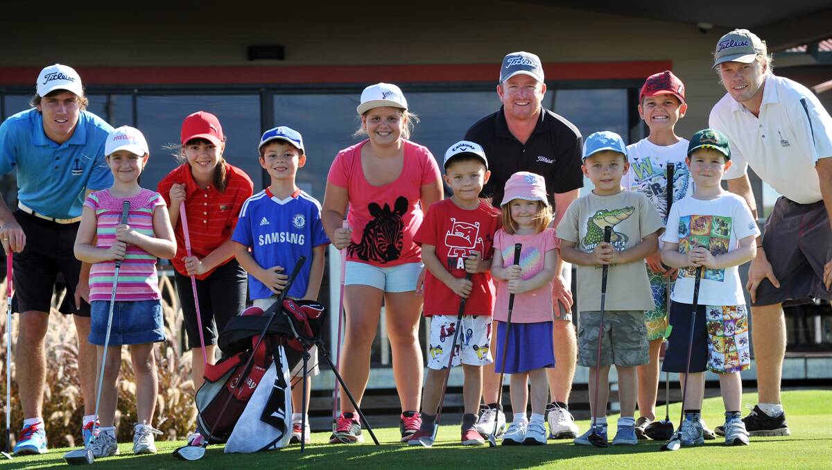 Preparing to start a Longyard Junior Golf Program (from left) Harrison Russell (trainee professional), Nicola Ross, Abigail Shields, Ethan Ross, Erin Walker, Charlie Costigan, Isabel Shields, Adam Shields ( behind Isabel), Will Costigan, Darcy  Walker, Ben Shields and  Tom Clements. Photo: Barry Smith 310113BSE01