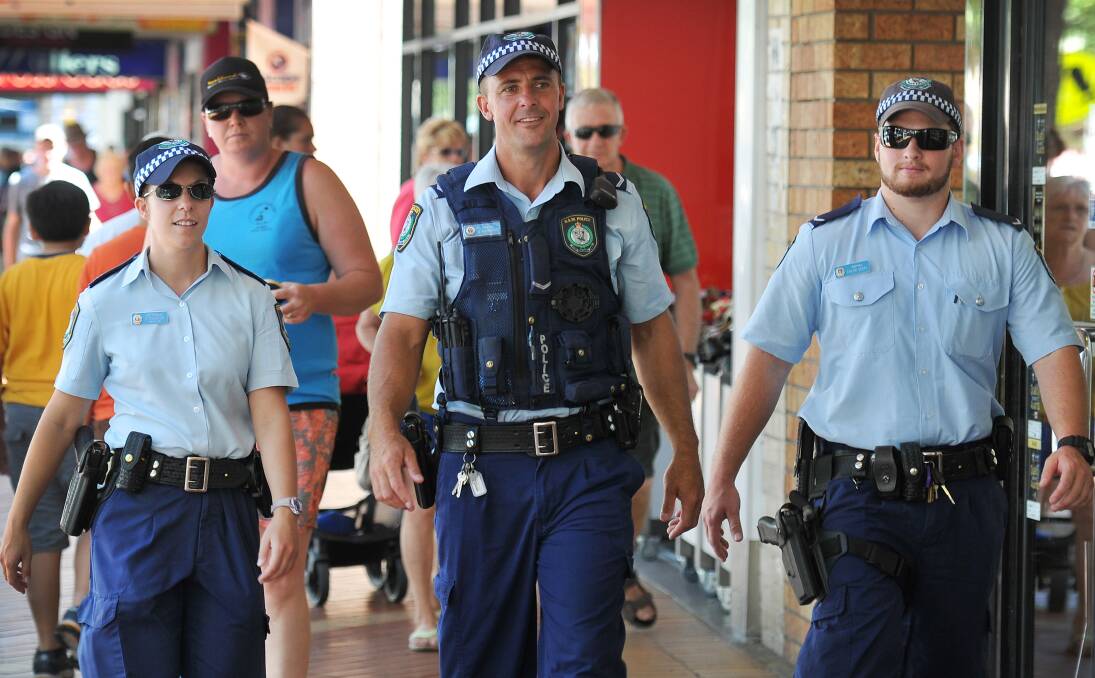ON THE BEAT: Officers from across the state are on patrol for the festival including from left to right, Michaela Stevenson and Glen McDonald from Bathurst and and Caleb Vogel from the New England. Photo: Gareth Gardner 160114GGD01