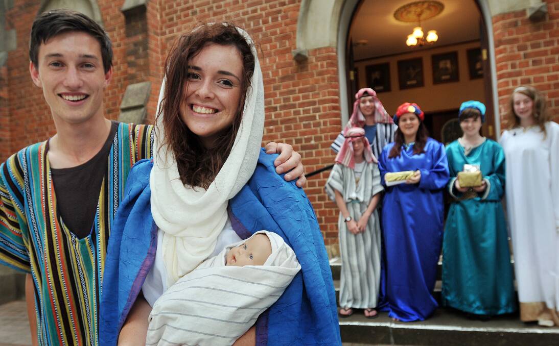 PORTRAYING TRADITION: Lachlan Giles, left, and Caitlin Etherington prepare for the St John’s Children’s Service along with, back from left, Hew Jones, Sam Morris, Teneale Ambler, Laura Upton and Laura Jones. Photo: Geoff O’Neill 241213GOH01