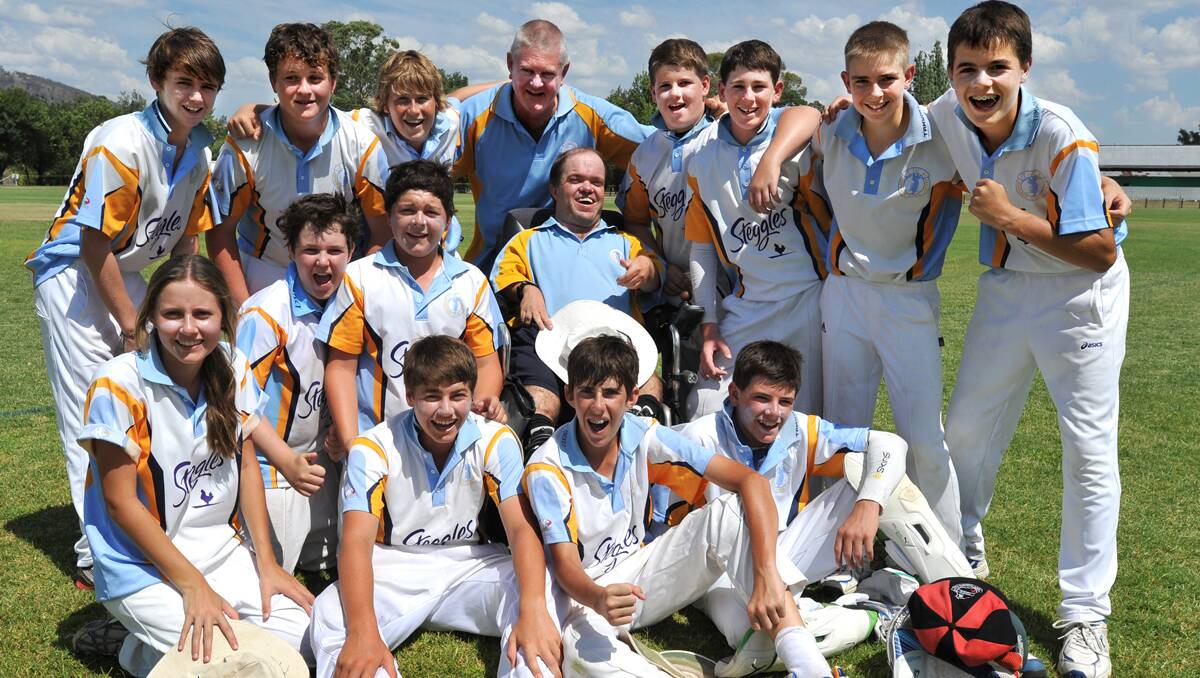 The Tamworth U14s pose for a victory team shot after taking out the annual U14s carnival yesterday.  (Back from left)  Sam Attwell, Matt Bryant, Cooper Barnes, Peter Graham (manager), Tom Moloney, Daniel Redshaw, Ryan Meppem and  Will Anderson. (Middle from left) Rhiannan Graham, Will Makepeace, Jack Davison and  Simon Hood (coach). (Sitting from left)  Adam Cruickshank, Tom Fitzgerald and  Lachlan Fauchon.  Photo: Barry Smith 110113BSE01