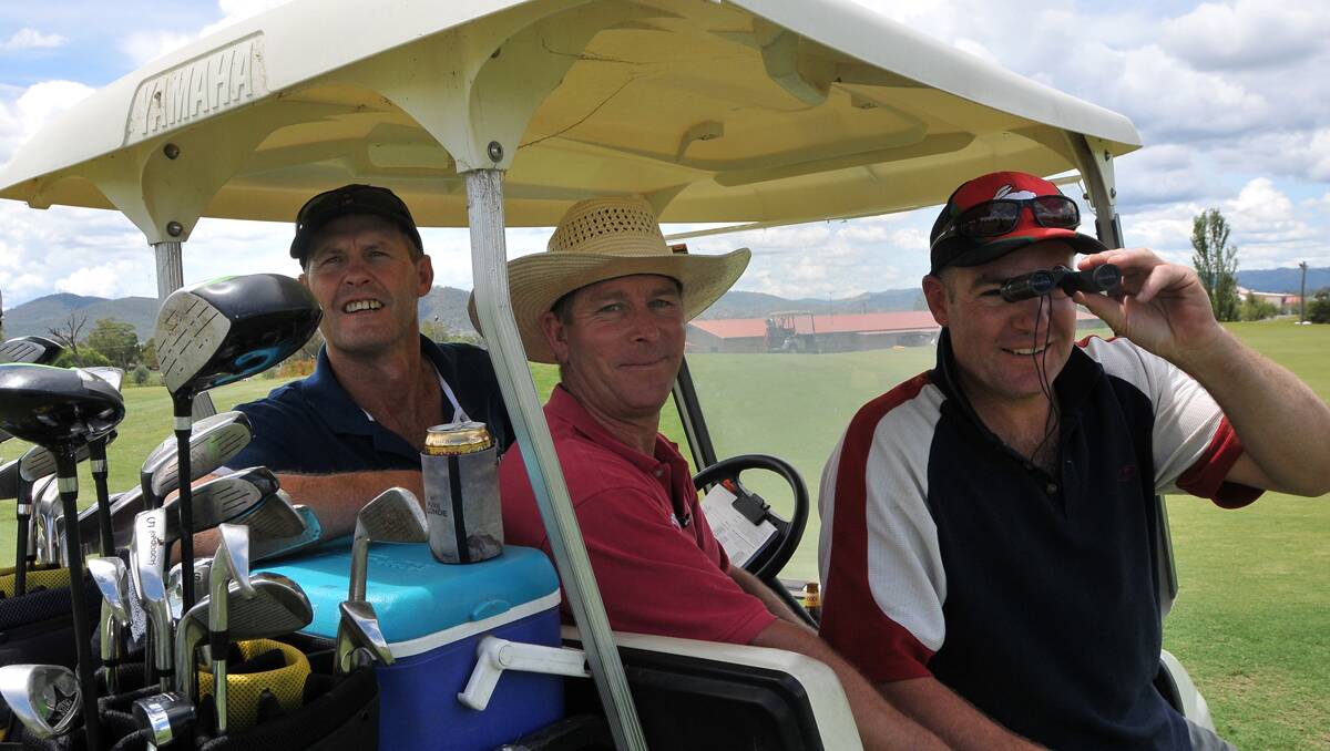 Nundle Shearers (from left) Grahame Hall, Gary Ninnes and  Bob Worley check out their golfing terrain at the WEG Westpac Rescue Helicopter Service Charity Golf Day. Photo: Geoff O’Neill 150213GOE05