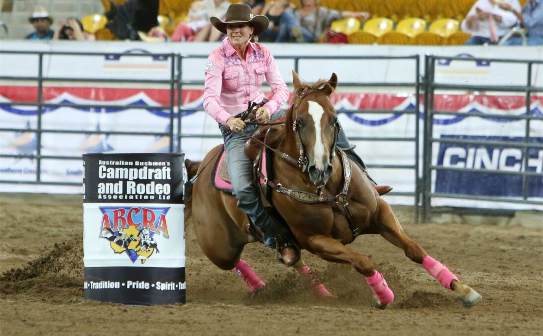 ABCRA all round girl champion Nichole Fitzpatrick barrel races at last week’s ABCRA National Finals Rodeo.