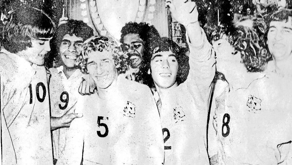 SPORTING HISTORY: Moree High’s open-weight rugby league team players, from left, Greg King, Bernie Briggs, Peter Peachey, Michael Duke, John Brazier, Stephen Jones and Stephen Dawson celebrate their 13-12 win over Forbes High in the 1973 University Shield final.