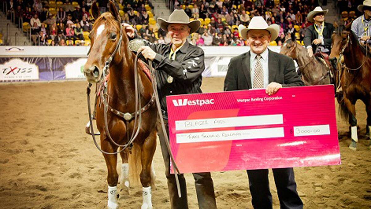Colin Friels with Stylish CD and NCHA general manager Glenn Morgan (right) after winning the  celebrity cutting. Photo: Wild Fillies Photography.