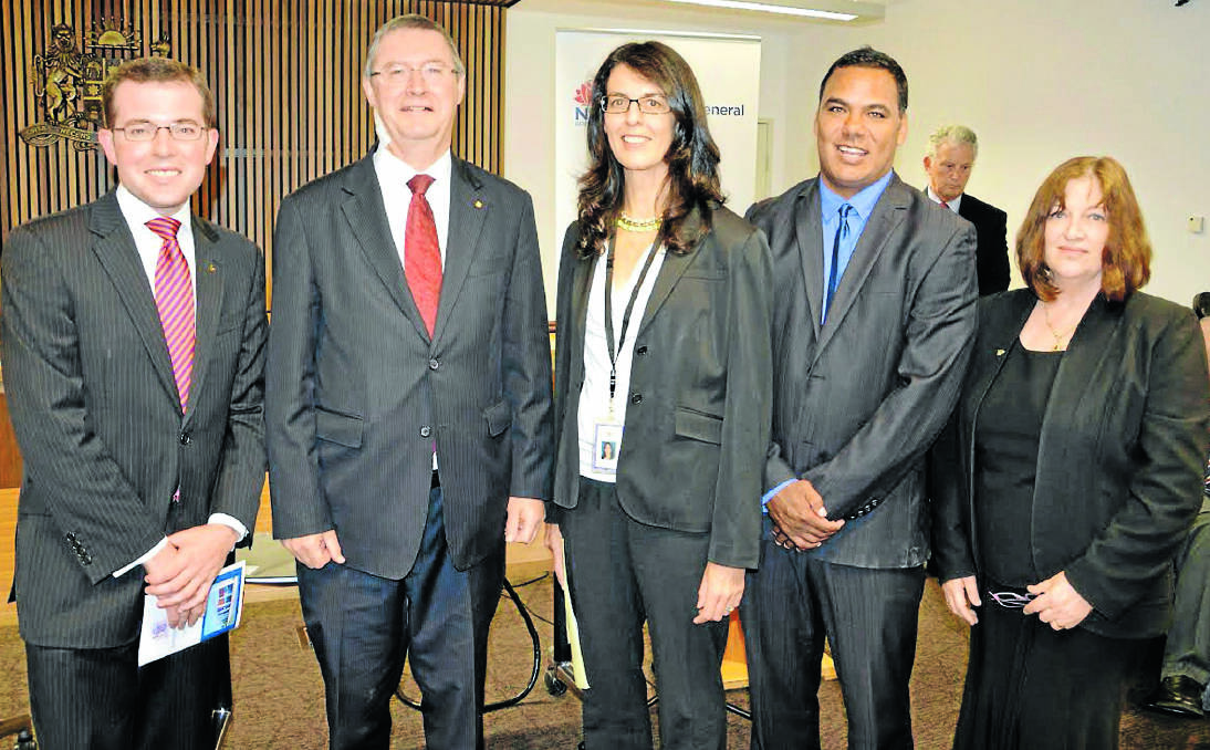 ALL SMILES: The official opening of the courthouse attracted a number of dignitaries including, pictured from left, Northern Tablelands MP Adam  Marshall, Attorney-General Greg Smith, Armidale sitting magistrate Karen Stafford, senior Aboriginal officer Brian Dennison, and president of the Law Society of NSW Ros Everett.