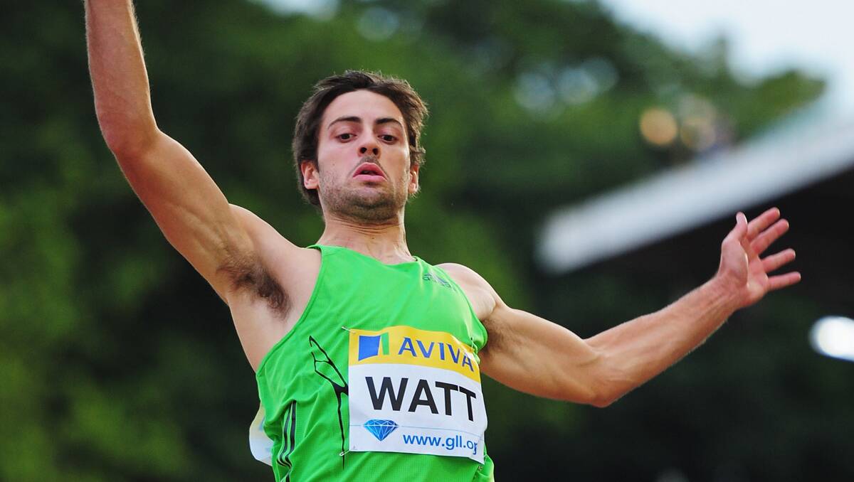 Mitch Watt jumps at an Aviva London Grand Prix meet at Crystal Palace in England.