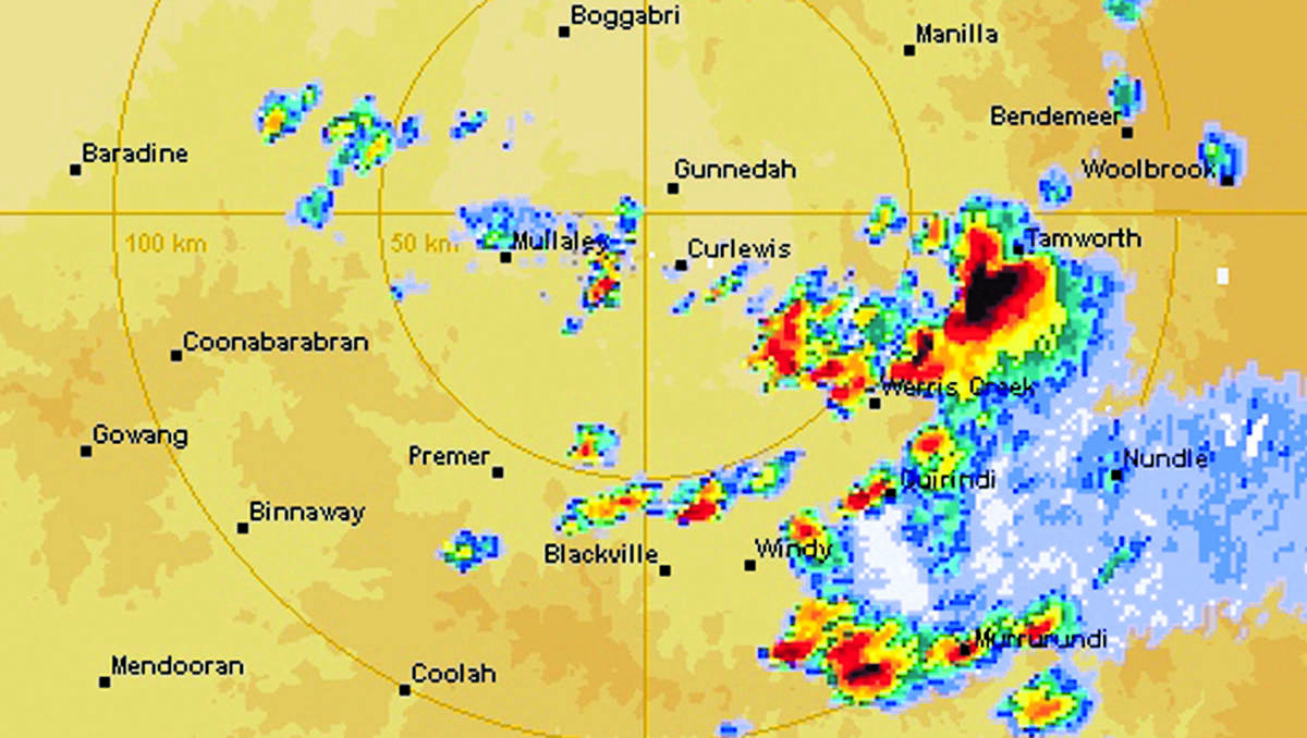 Colourful catastrophe: The Bureau of Meteorology radar image of the Tamworth area at 4pm on Monday. The black and red indicates the most severe weather.