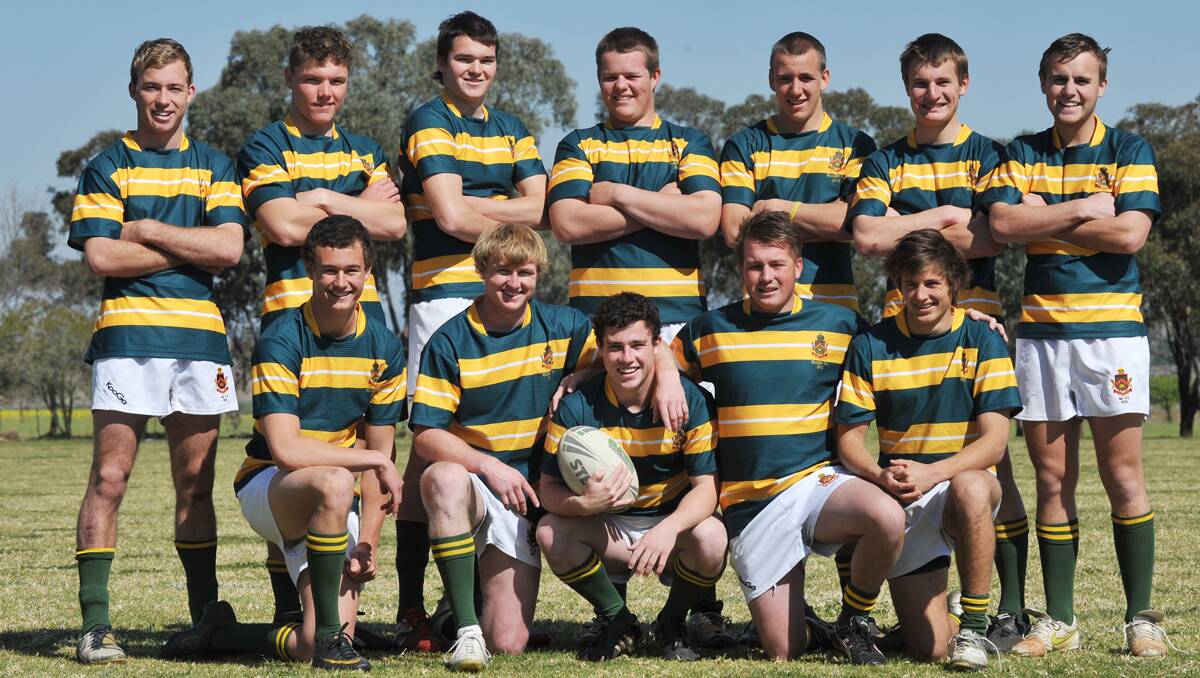 Farrer Rugby 7s team is playing in the State Finals today. (Front from left)  Dave Jenkins, Dan Boland, Jason Clarke, Ollie Thomson, Zeb Buchanan. (Back from left) Hayden Sweeney, Charlie Endris, Rory Simpson, Will Robinson, John Porch, Mitchell Westcott, Aiden Snook.  Photo: Barry Smith 050912NSN01