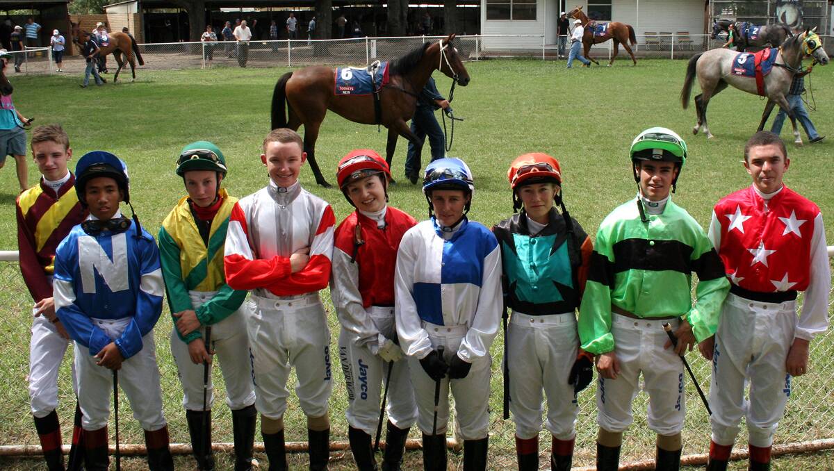 Attending apprentices (from left) Jordan Grob, Sairyn Fawke, Jemma Wilson, Matt Powell, Courtney van der Werf, Sue Bigg, Sophie Young, Codey Hodges and Martin Haley outnumbered the senior riders at the FMBC Moree Cotton Cup meeting on Saturday. Photo: Bill Poulos