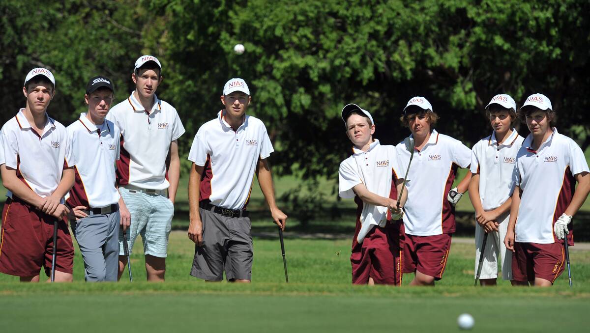 Tom Gill (fourth from right) chips onto the practice green at Tamworth as his fellow NIAS squad members and coach look on (from left) Mitchell McPherson, Nathan Mann, Ben Koopman, Brock Sampson (coach), Gill, Andrew Brennan, Luke York, Andrew Weatherall. Photo: Barry Smith  151212BSA02