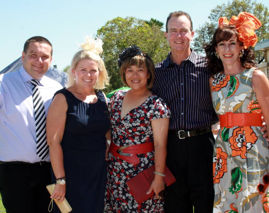 Moree racegoers (from left) Scott Hawkins, Shayne Miller, Cindy Poulos and Mark and Peta Carroll trackside last Saturday. Photos: Bill Poulos