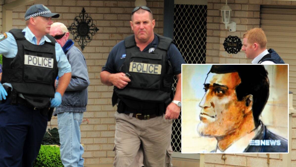 SHOOTER SEARCH: The murder trial of David Rixon has heard evidence about the sweeping search by police – including Inspector Jeff Budd, pictured left, with other police on that morning – for a suspect shooter.  INSET BELOW: An artist’s impression of Michael Jacobs in  court last week. Image courtesy Nine Network