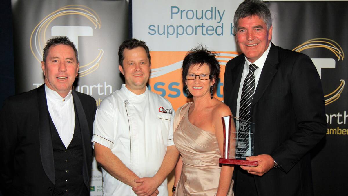 Choices Flooring Tamworth took out the Excellence in Retail (large) award/ Pictured from left is Dave Russell, Corey Walmsley from Corey's Catering, Joanne Russell and Shane Chillingworth accepting the award at the Quality Business Awards held at TRECC on Friday night. Photo: Robert Chappel