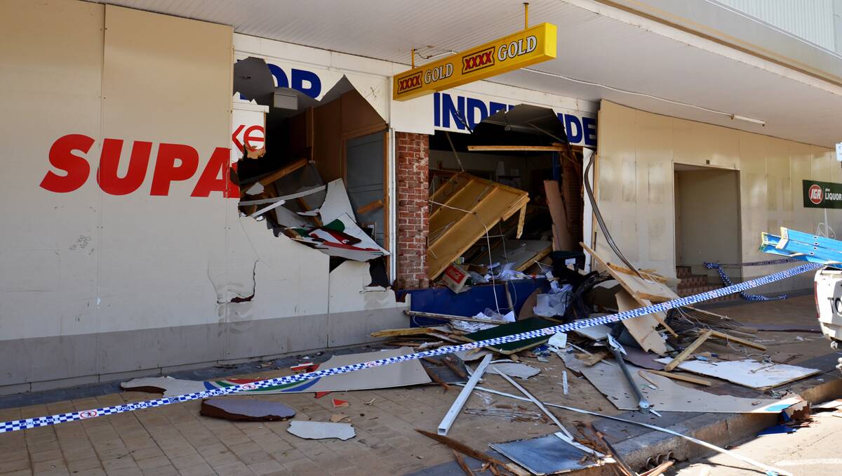 A THIEF has stolen a front end loader and driven it through the front wall of a supermarket in a brazen early morning robbery in Wee Waa. Photo: Ruth Caskey