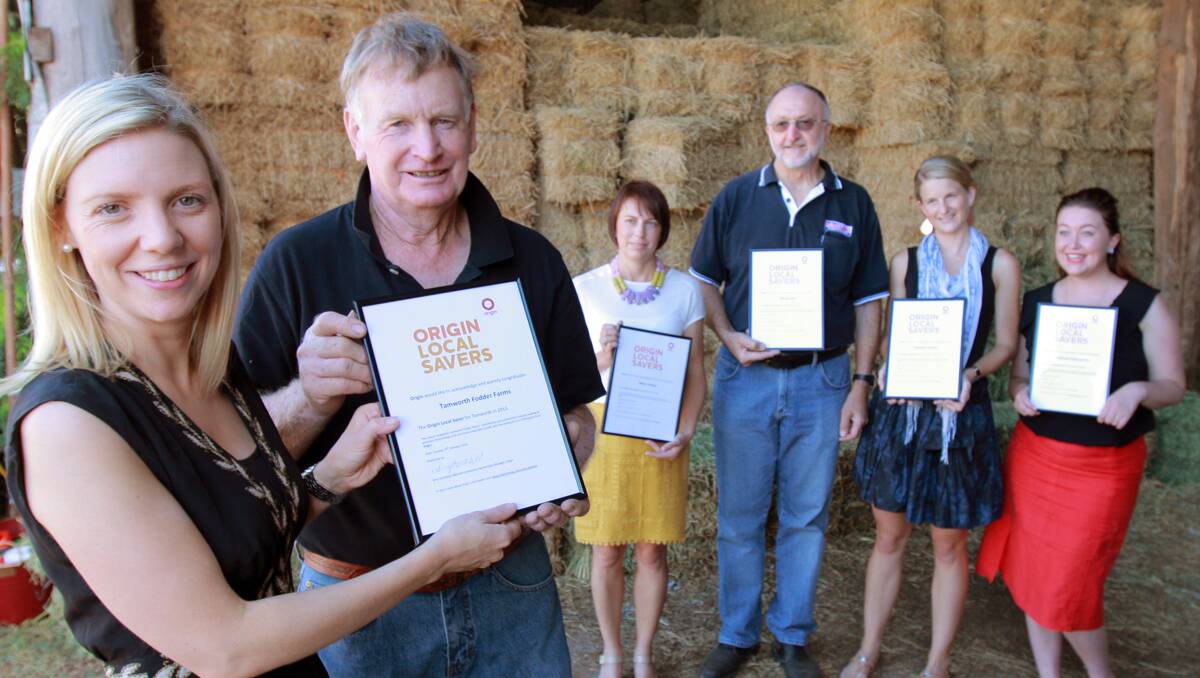 SAVING ENERGY: Origin Energy’s Amy Stockfeld, left, presents Tamworth Fodder Farm’s Ian Coxhead, local individual home owners Alison Treloar, Mervyn Zell, Alexandra Rasche and Billabong Clubhouse support worker Kate Mackley with their Origin Local Saver grants yesterday. Photo: Robert Chappel 190213RCA04