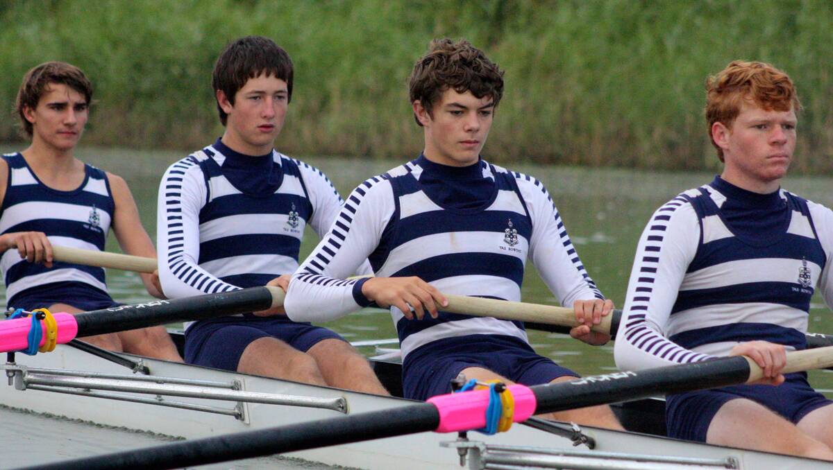 TAS rowers (from left) Tom Gordon, Ben Mulligan, Harry Lloyd and Tiernan May training for the NSW Rowing championships in Sydney this weekend. Photo:  Tim Hughes