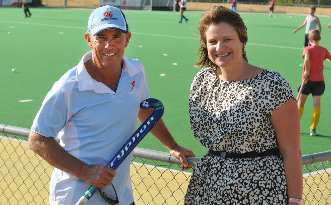 Richard Willis with Hockey NSW operations manager Lauren Woods at the Tamworth Hockey Complex this week. Photo: Geoff O’Neill 040214GOI01