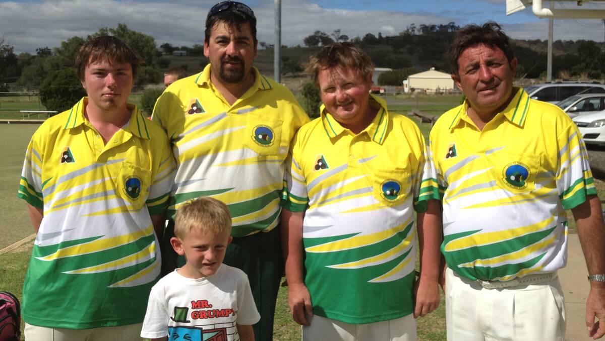 South Tamworth’s CNDBA State Fours winners (from left) Dylan Eather, Nathan Wise, Scott Thorning, Paul Whitton and mascot Timoth Thorning celebrate Sunday’s 23-20 final win.
