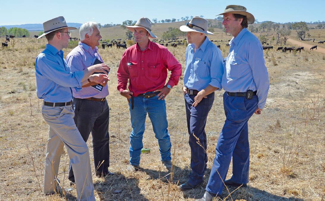 DRY TALK: From left, at Walcha yesterday, MP Adam Marshall, drought  co-ordinator Tim Johnston, with farmer Stuart Blake, tablelands Local Land Services general manager Paul Hutchings and biosecurity officer Geoffrey Green.