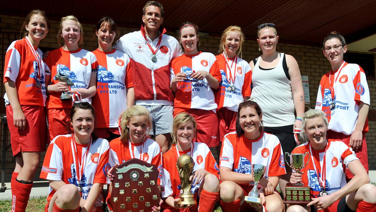 The inaugural Northern Inland Women’s Premier League champions, North Armidale United  (back from  left) Andrea Olrich, Grace Beissel, Anna Vannucci, Dave Griffiths (coach), Rachel Rhodes, Georgia Brown, Sarah Watson, Hailey Williams- Farley, (front from left) Hannah Miles, Mimi Raymer, Jodi Harris, Felicity Ward, Amy Harris. 160912GRA67