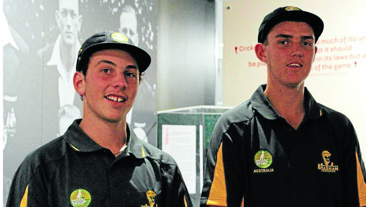 James Psarakis and Max Houlahan in their baggy green caps. The pair of Australian Under 16s flew back into Australia in time for Psarakis to play in this weekend’s Country Under 17s at Raymond Terrace.