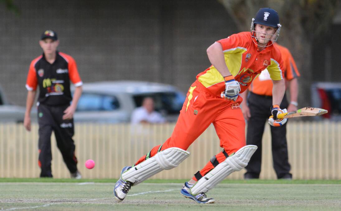 Calum Rowe takes off in last Friday’s T20 Final in Tamworth. He’s one of the Tamworth players from the Country Cup campaign available for Sunday’s WVC fifth round game in Armidale.Photo: Barry Smith 100114BSH25