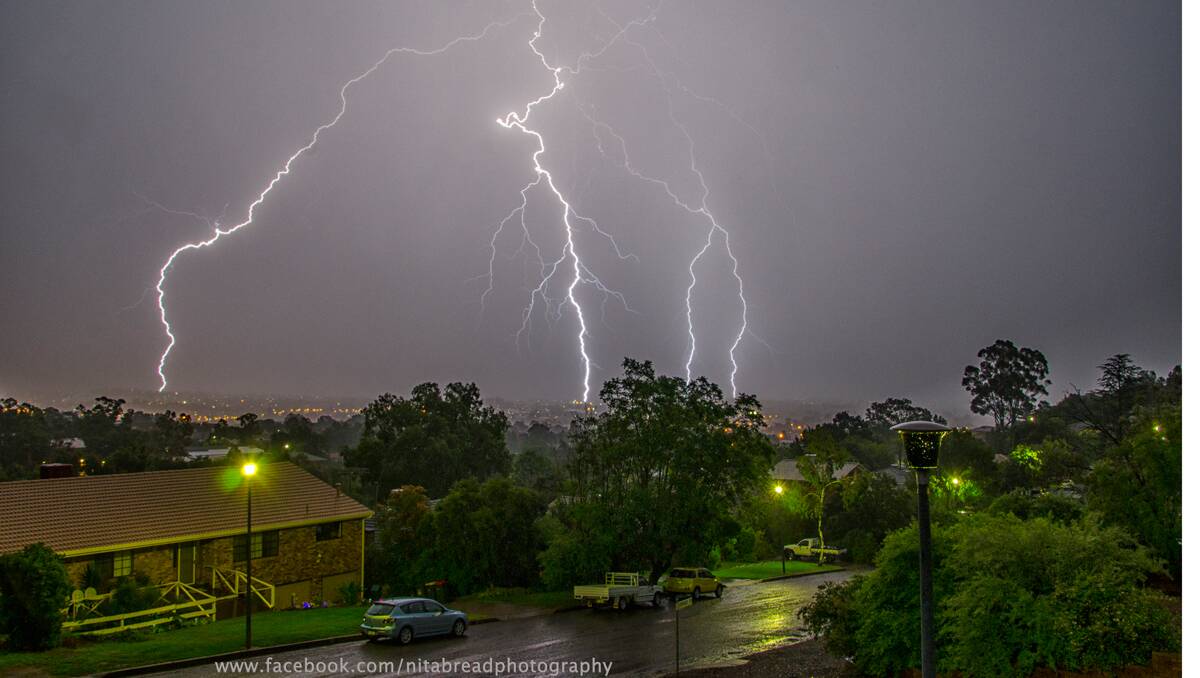 FURY: This photo, taken from East Tamworth, shows the huge lightning strikes that lit up the sky on Sunday night. Photo: Nita Read