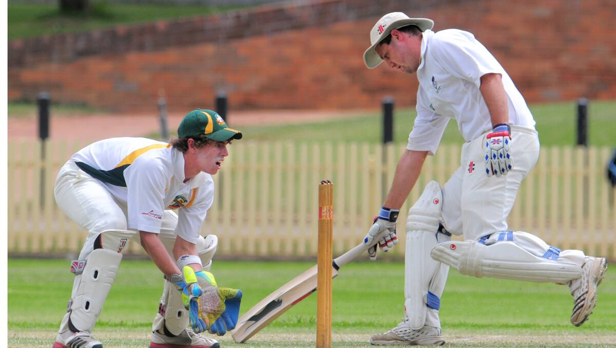 Bective keeper Matt Everett about to field this return as South Tamworth allrounder Chris Skilton makes his ground in a recent Tamworth first grade game. Everett replaces NSWC keeper Tom Groth in Sunday's big WVC match against Armidale. Photo: Barry Smith 151212BSE25