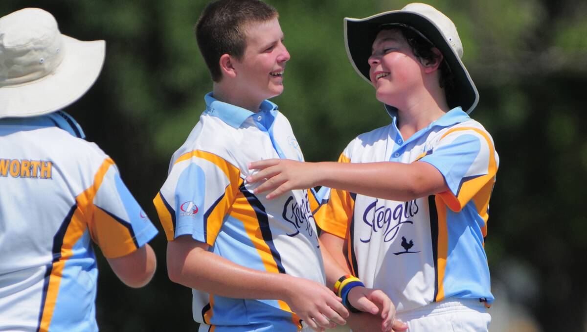 Brock Ridgewell (hatless) celebrates his wicket in Sunday's Hunter Valley Under 14 clash against Maitland.  021212BSC07