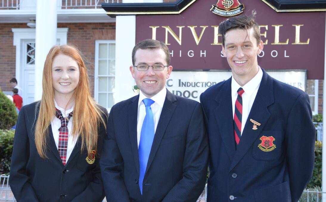 FUNDING LIFT:  MP Adam Marshall, centre, at Inverell High School, where a  $300,000 lift has been installed during the school holidays, with 2014  student leaders Polly McKinnon and Paddy Sonter-Kelso 