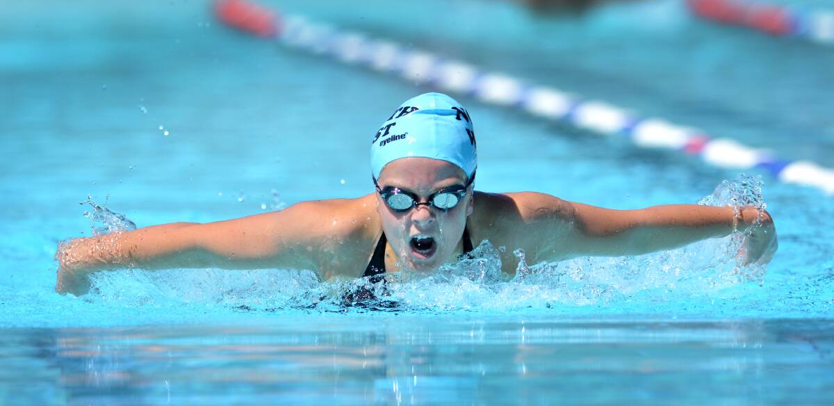 Armidale’s Winona Rumble carves out a 200m butterfly effort in her Under 15 Tamworth City Swimming Club Carnival division. Photo: Barry Smith 010214BSE29
