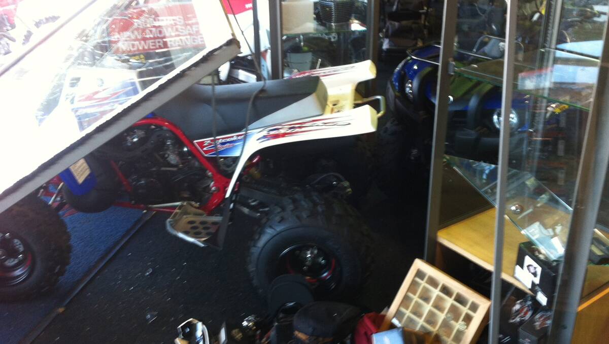 RAM-RAID: Thieves used a stolen quad bike to ram the front doors of Thomas Lee Motorcycles in Frome St, Moree on January 2. Two quad bikes and a  motorbike have been stolen in four break-ins to the business in a month.
