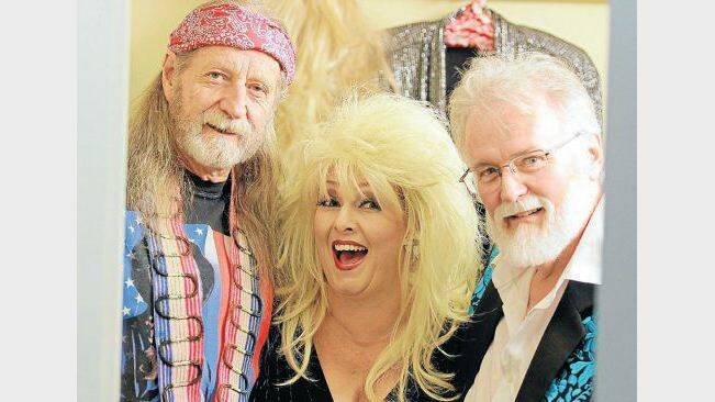 DREAM COME TRUE:Bruce McCumstie as Willie Nelson, Donella Plane as her idol Dolly Parton, and Stephen R Cheney as Kenny Rogers. Photo: Robert Chappel 200113RCG003