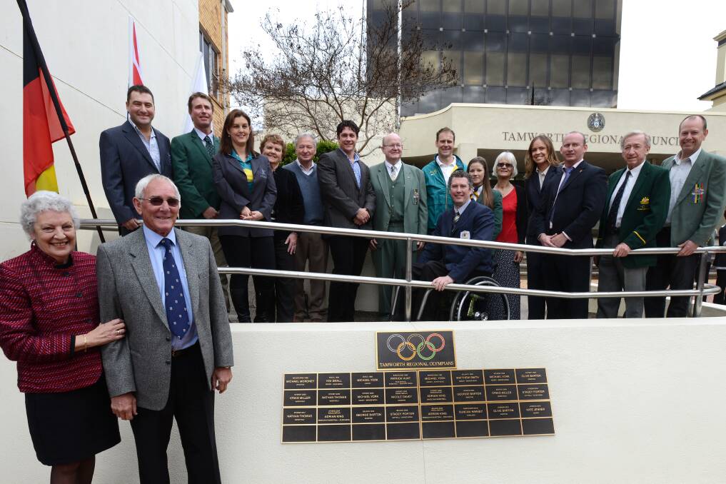 At Friday's unveiling of the new Olympic tribute were, from left, Australian Olympic Committee vice president Helen Brownlee with Tamworth committee chair Ron Surtees, and back, George Barton, Clive Barton, Nicole Davey, Joan and Lindsay Davy, Duncan Harvey, Patrick Hunt, Craig Miller, Adrian King in front, Kate Jenner, Judy Thomas, Stacey Porter, Matthew Smith, Mike Moroney and Michael York.