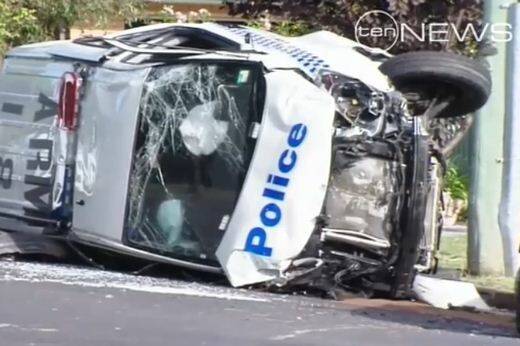 A Ten news video still of the police car involved in the 2011 crash.