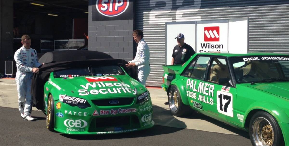 Dale Wood and Chaz Mostert unveil the new livery as Dick Johnson watches on.