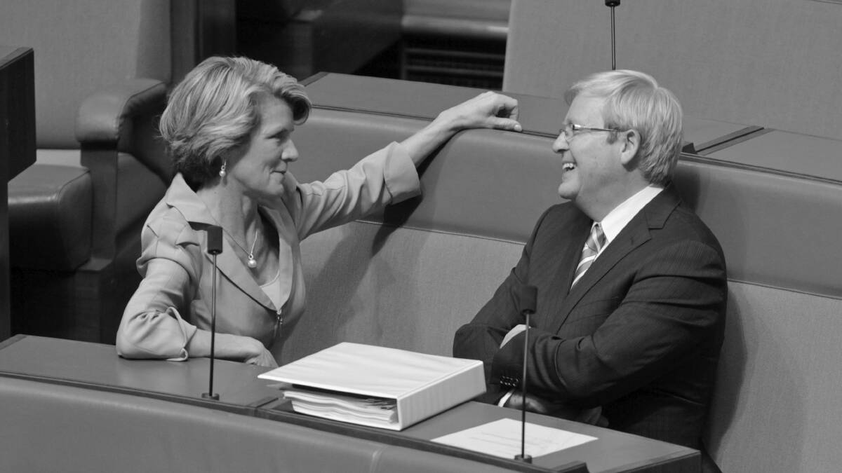 Backbencher Kevin Rudd talks with Deputy Opposition Leader Julie Bishop during a suspension of standing orders motion during question time at Parliament House Canberra on Wednesday 29 February 2012. Photo: Andrew Meares