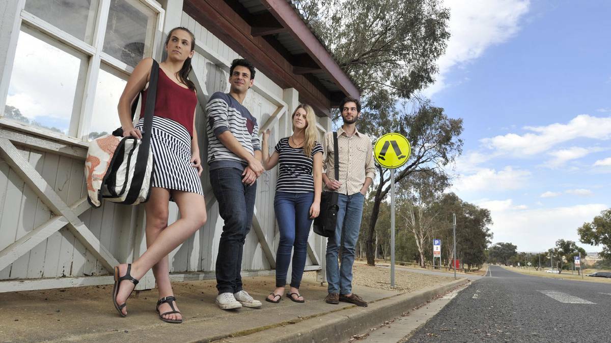 Charles Sturt University students (from left) Hannah Koch, Zoran Jevtic, Mikayla Lamm and Elias Brown hope a new bus service to CSU's campus, beginning on November 18, will be more reliable. Picture: Les Smith