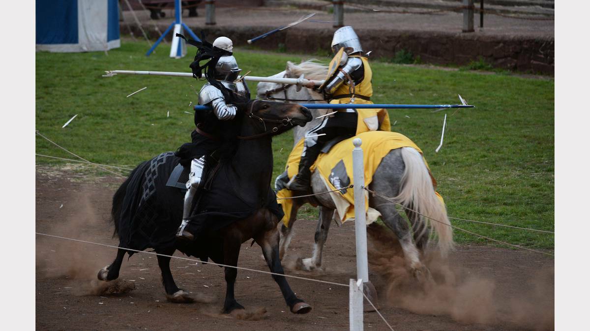 Sir Baldwin Silverhand jousting with the Black Knight at the Kryal Castle Halloween Festival. Picture: Adam Trafford