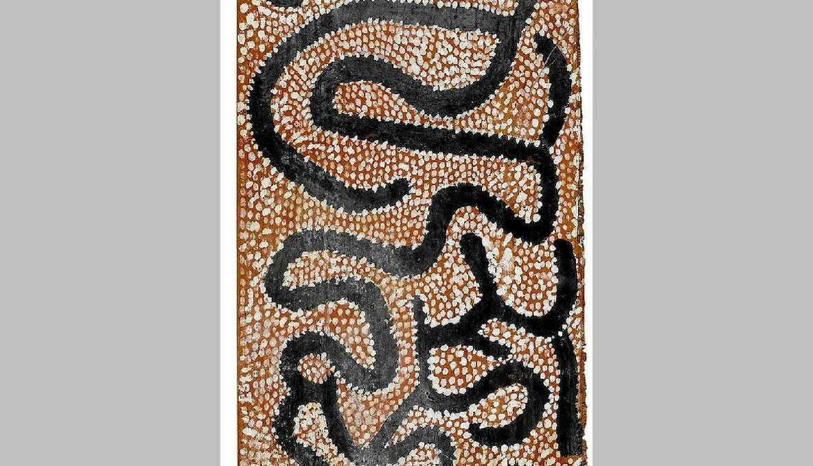 Johnny Warangula Tjupurrula circa 1925-2001 WATER DREAMING AND LIGHTNING (1971) natural earth pigments and bondcrete on composition board 40 X 15CM ESTIMATE $20,000-30,000. Photo: Sotheby's