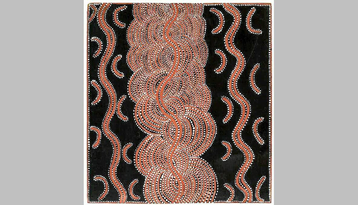 Long Jack Phillipus Tjakamarra born 1932 SNAKE DREAMING (1972) natural earth pigments and bondcrete on composition board 50 X 40CM ESTIMATE $20,000-30,000. Photo: Sotheby's