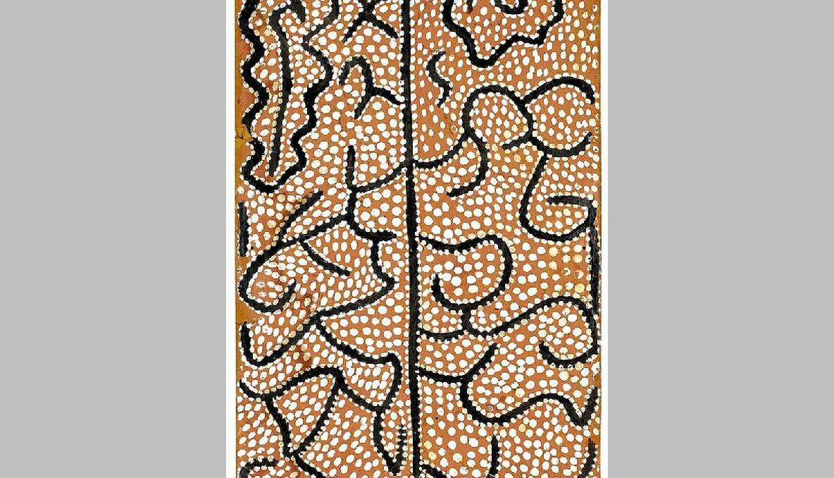 Johnny Warangula Tjupurrula circa 1925-2001 TRAVELLING WATER DREAMING WITH LIGHTNING (1971) natural earth pigments and bondcrete on composition board 83 X 38CM ESTIMATE $50,000-70,000. Photo: Sotheby's
