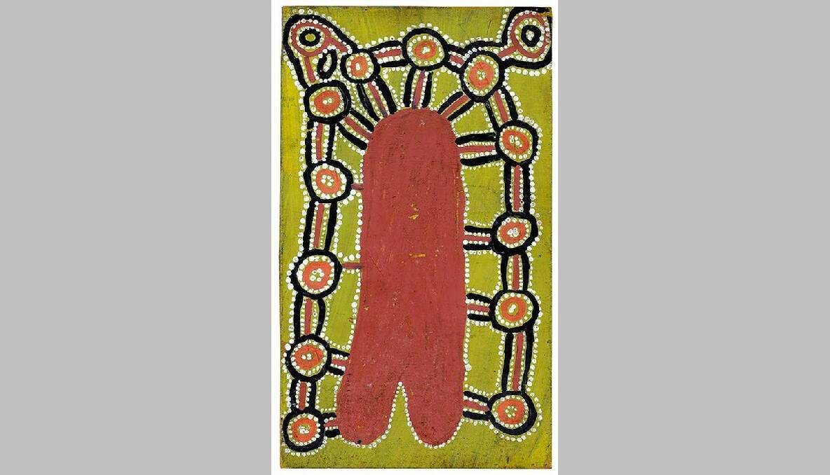 Uta Uta Tjangala circa 1926-1990 TESTICLES GOING WALKABOUT (MEDICINE STORY) (VERSION 1) (1971) natural earth pigments and bondcrete on composition board 31 X 20CM ESTIMATE $35,000-55,000. Photo: Sotheby's