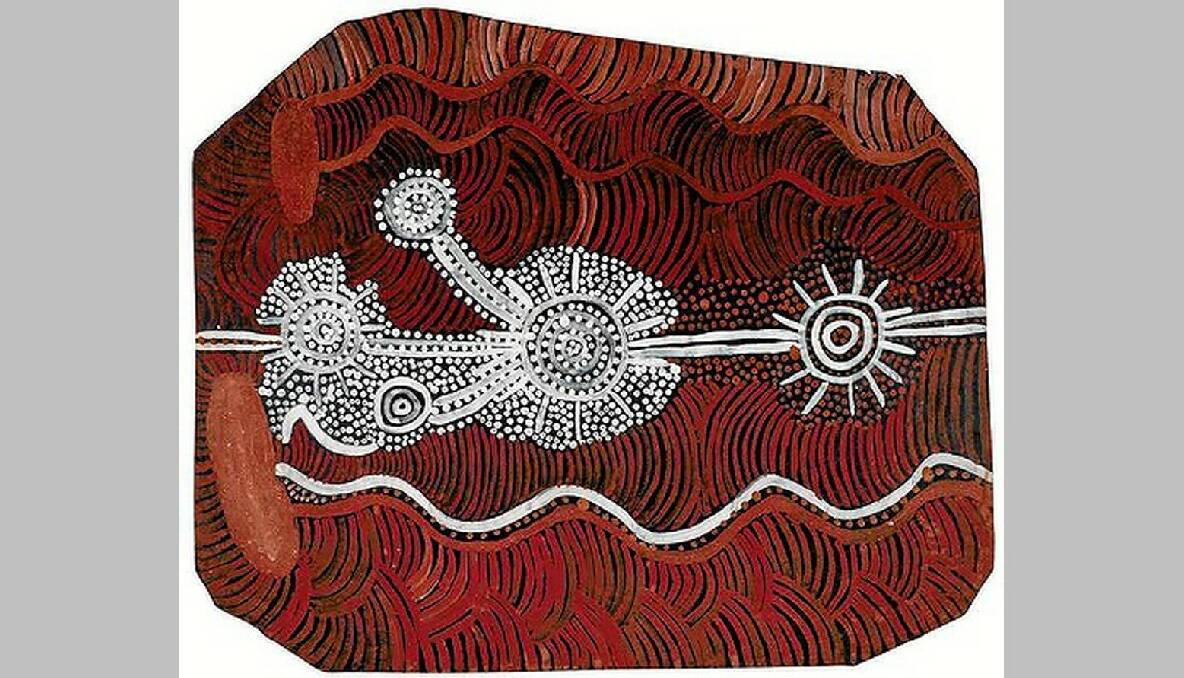 Walter Tjampitjinpa circa 1910-1981 PINTUPI TRAVELLING WATER DREAMING (1972) natural earth pigments and bondcrete on composition board 42 X 49CM (IRREGULAR) ESTIMATE $25,000-30,000. Photo: Sotheby's