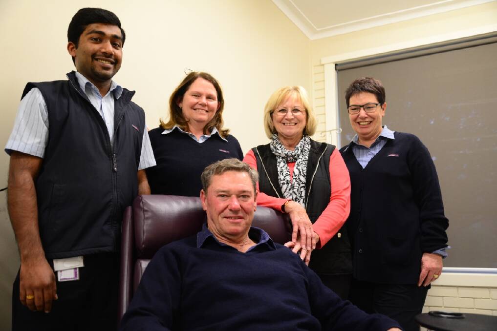RN Nidhin Thomas, McGrath nurse Wendy Allen and NUM Bronwyn Cosh with Michael and Betty Downes. The recently married couple had a wishing well at their wedding with all 'gifts' going to the oncology unit at the Moree hospital. Photo:The Moree Champion.