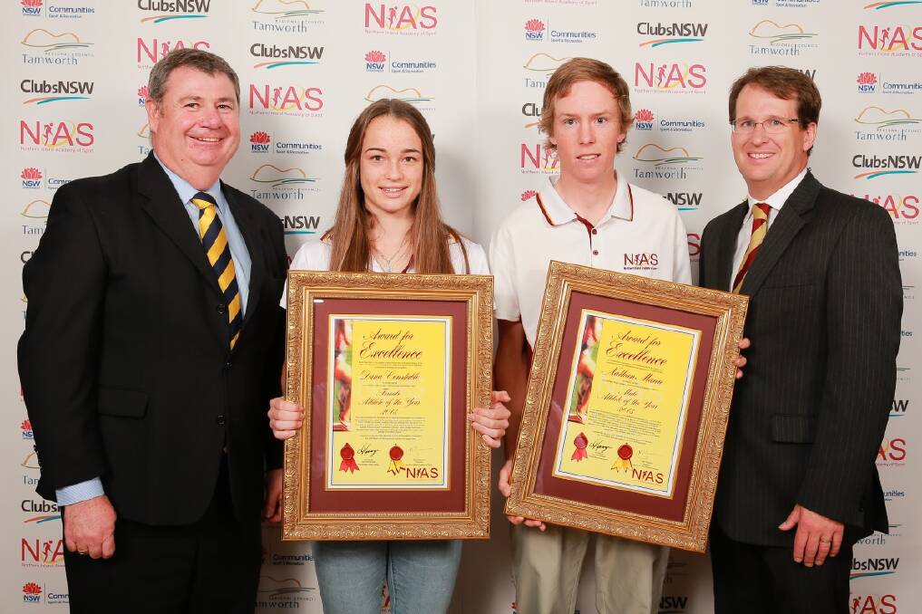  NIAS male and female athletes of the year Dana Constable and Nathan Mann with NDL regional manager Ian George (left) and NIAS chairman Matt Patterson (right). Photos supplied by NIAS.
