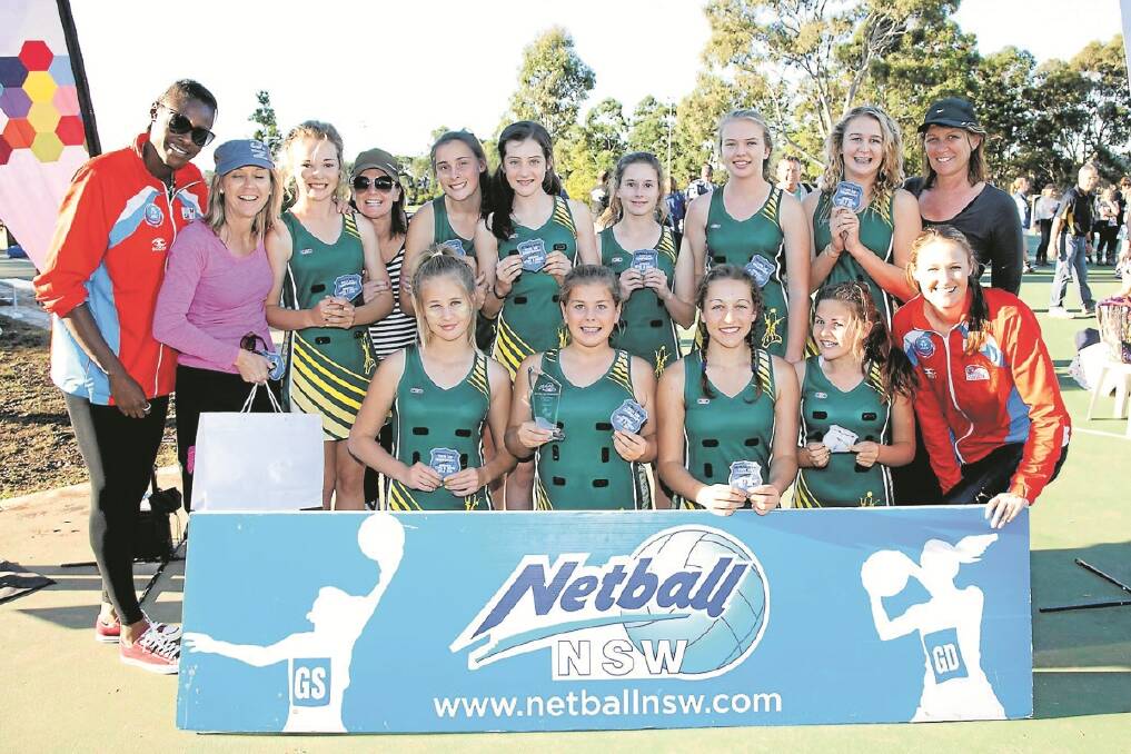 The Gunnedah 15 years representative netball team has been crowned the Netball NSW Division 4 State Age Champions after a stunning display in Sydney recently. Back row:  Sonia Mkoloma (NSW Swifts), Michelle Tydd (Gunnedah coach), Abby Jerrett, Sharon John (Manager), Keira Novley, Sophie Perkins, Karly Turner, Amelia Small, Abbie Anderson and Sue Heinrich (PCP). Front row: Sidney Doughty, Tarryn Heinrich, Maddy Buhagiar, Matiese John and Susan Pratley (NSW Swifts). Photo: Namoi Valley Independent. 