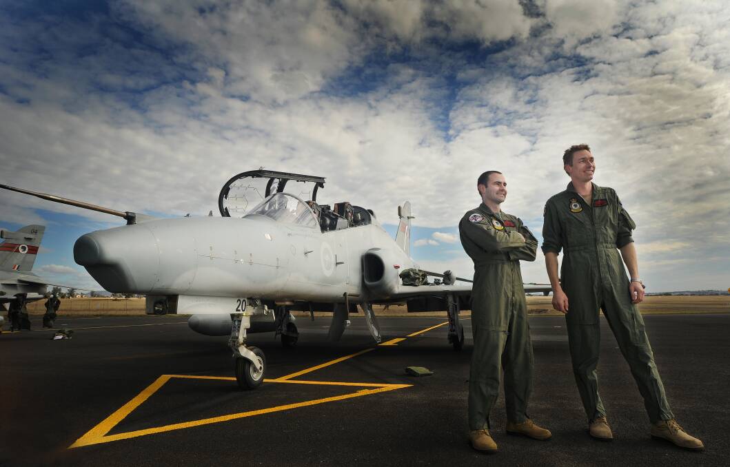 Two flight officers from the flight training squadron in Williamtown were involved in strike mission training in Tamworth in July. Photo:Gareth Gardner. 090713GGB01